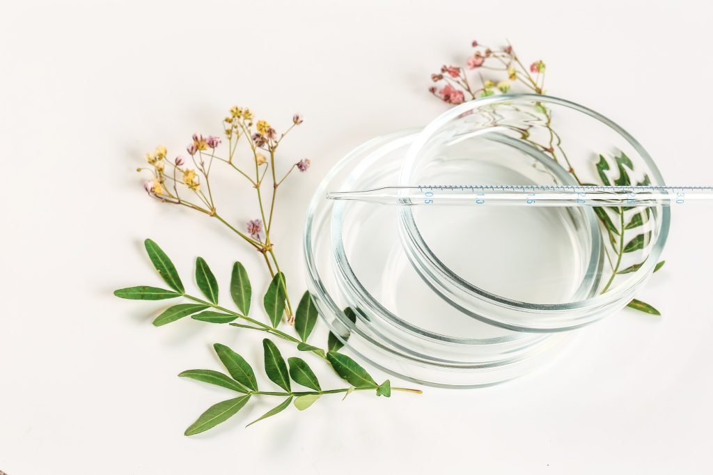 Abstract natural cosmetic laboratory. Eco bio concept for health care. Top view, flat style, space